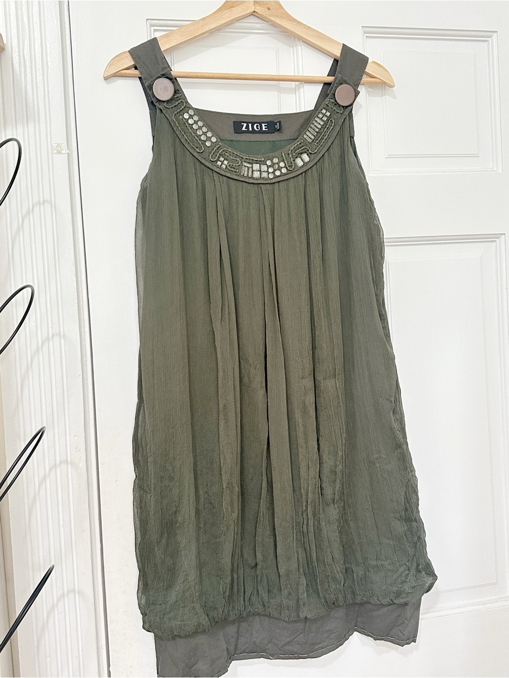 Vintage Olive Beaded Scoop Neck Tank Dress